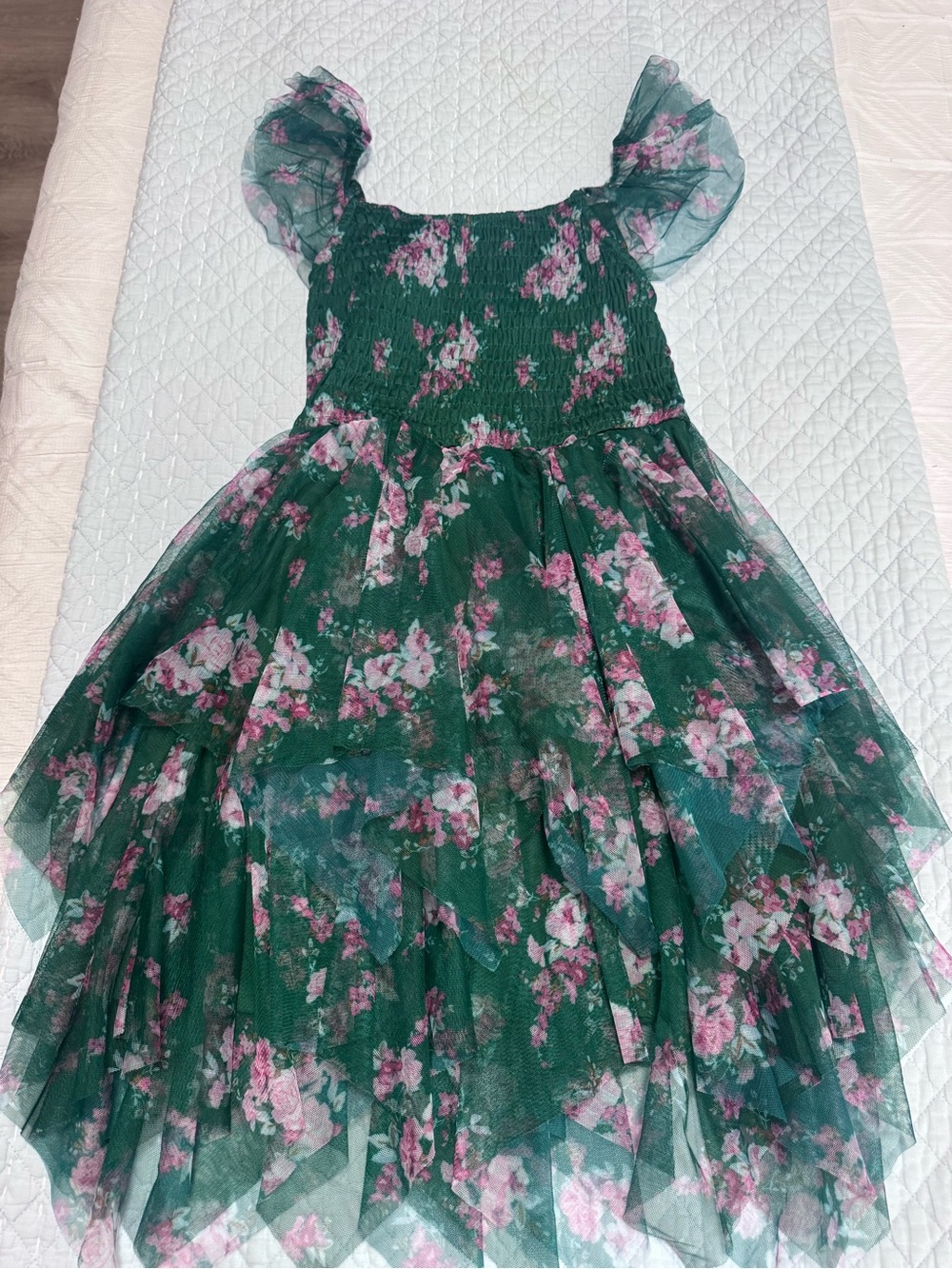 Emerald Green Floral Tulle Party Dress for Girls